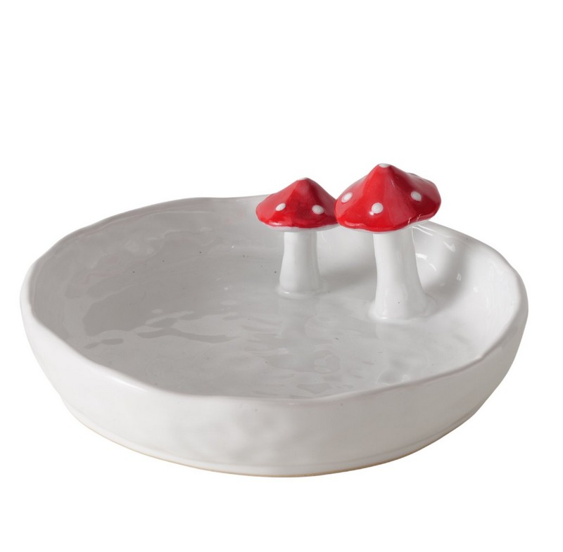 Ciotola in ceramica bianca con funghi rossi adatta al contatto con alimenti, perfetta come decoro autunnale